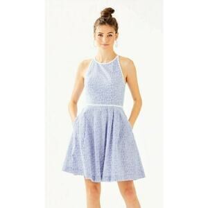 LILLY PULITZER Tori Mini Dress Blue Yarn Dye Stripe Eyelet Sleeveless Size 16